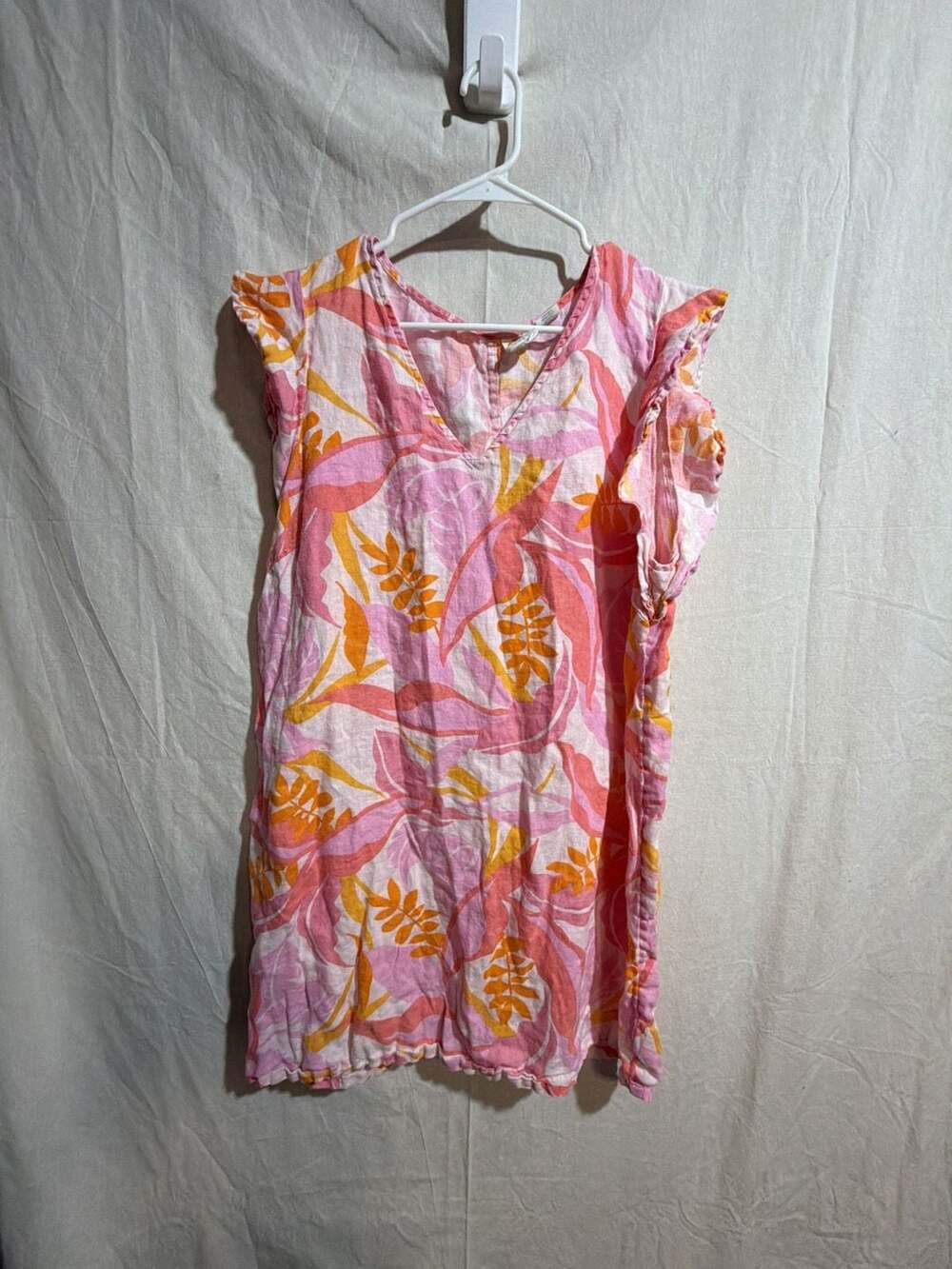 C&C California Women's 100% Linen Tropical Floral Flutter Sleeve Dress